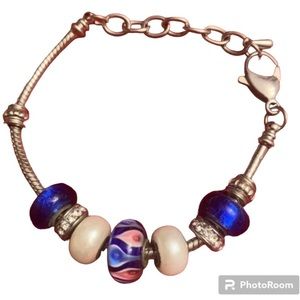 Silver Tone Artisan Glass Beads With Faux‎ Pearl And Rhinestone Bracelet